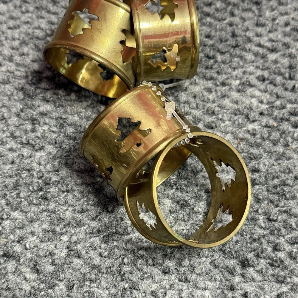 Vtg Brass Napkin Rings Christmas Lights Tree Cutout Set of 4